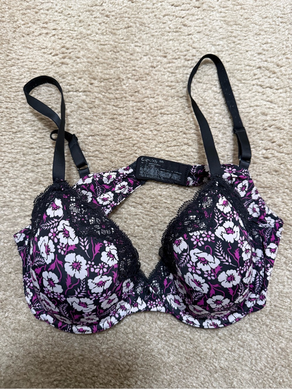 GAP Black, Purple & White Floral Lace Trim Bra 36b